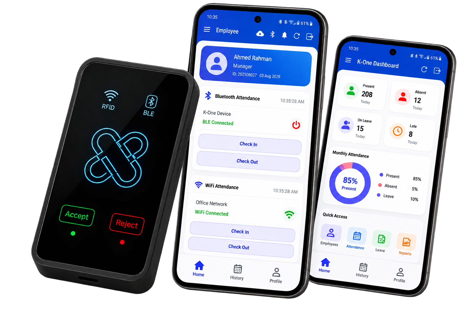 K-One Attendance hardware and mobile application