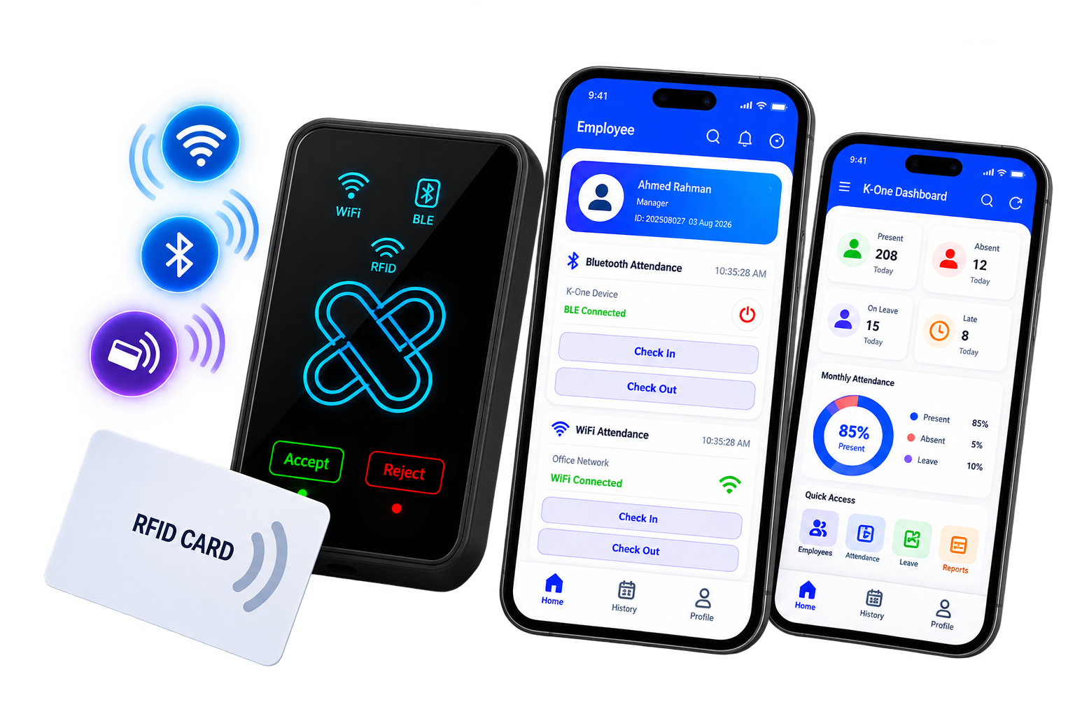 K-One attendance hardware, RFID card and mobile applications